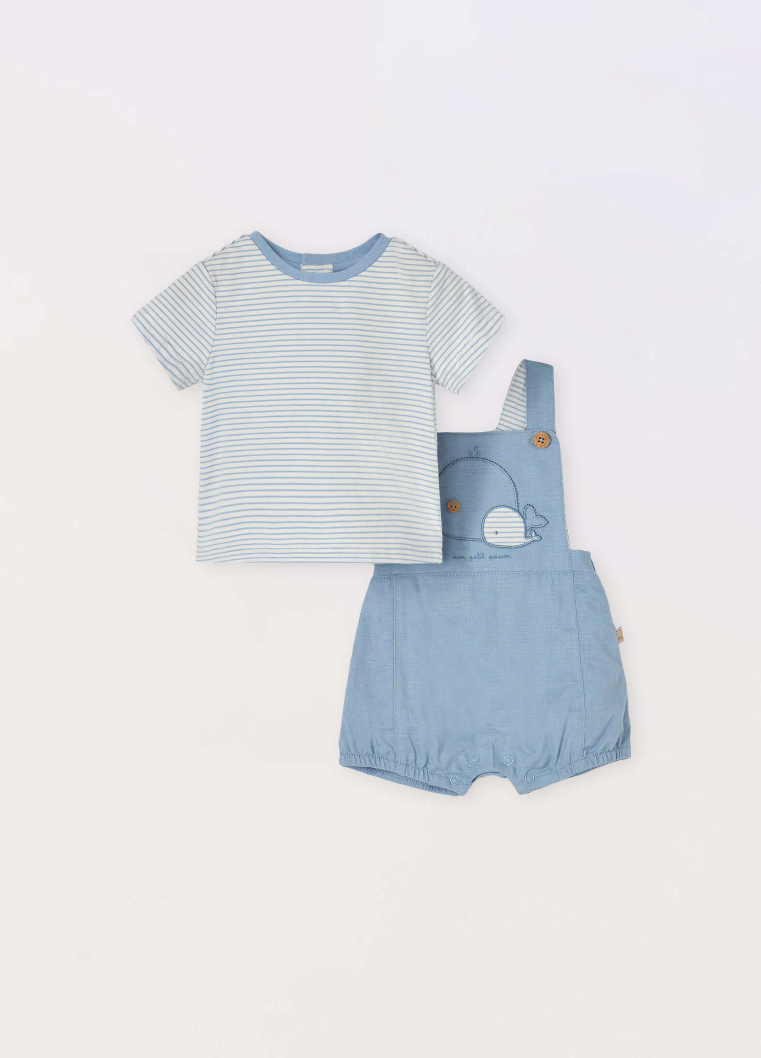 Set t-shirt + overalls in mixed linen for newborns